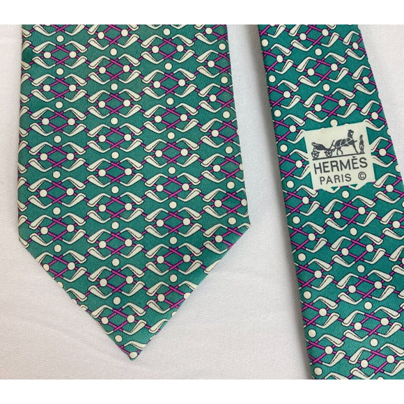 Hermes HERMÈS Made in France Turquoise Pink Golf Club Ball Silk Tie 7126 FA - Picture 1 of 6